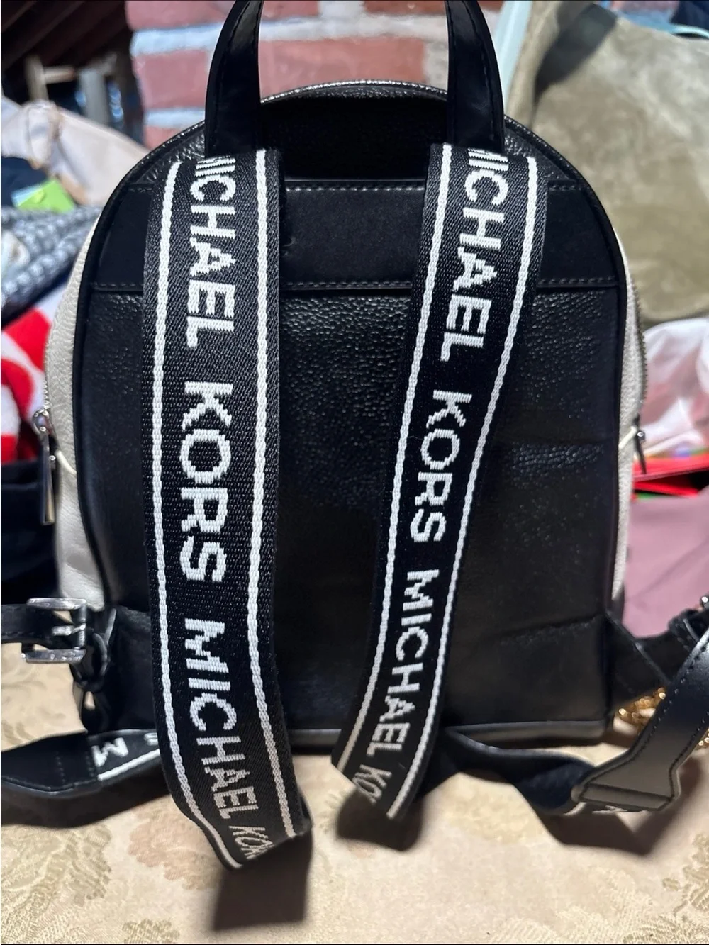 Michael Kors Black and White Logo-Strip Backpack
